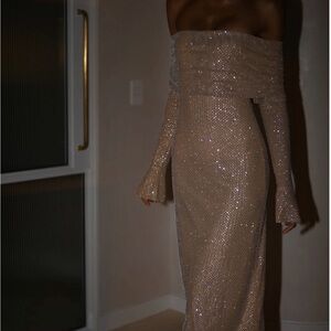 Meshki Marcel Off Shoulder Diamante Maxi Dress - Nude